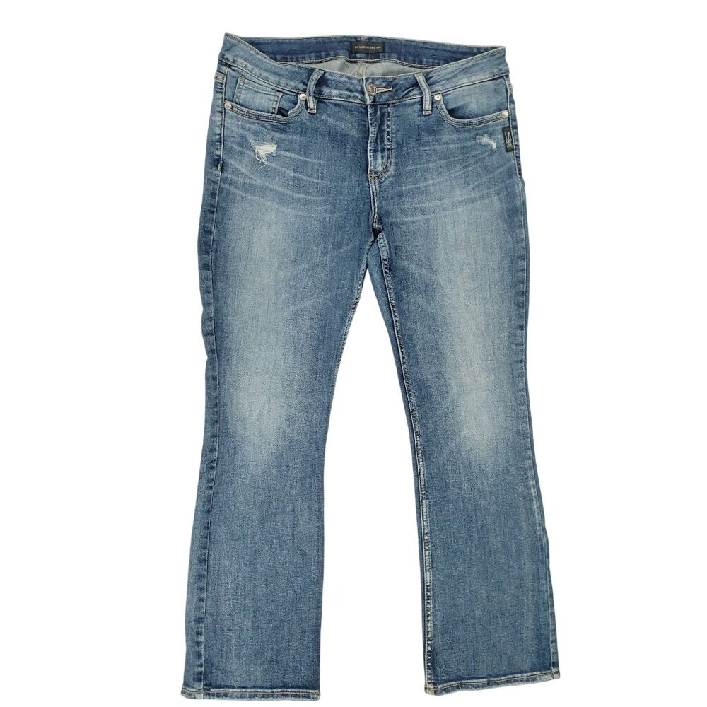 Silver Jeans Co Elyse Slim Boot Women Size 30/29 Medium Wash Distressed Stretch